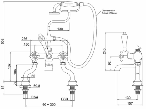 Technical image of Burlington Claremont Bath Shower Mixer Tap With Kit (Chrome & White).