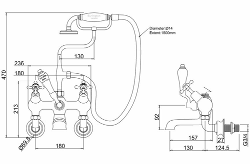 Technical image of Burlington Claremont Wall Mounted Angled BSM Tap (Chrome & White).