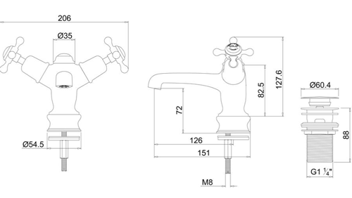 Technical image of Burlington Claremont Basin Tap With Click Clack Waste (Chrome & White).