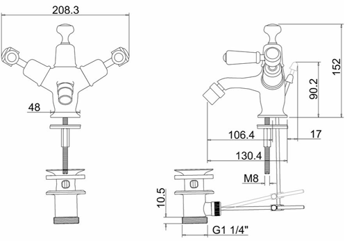 Technical image of Burlington Kensington Bidet Tap With Pop Up Waste (Chrome & Medici).