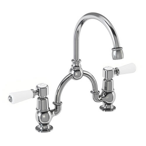 Larger image of Burlington Kensington 2 Hole Arch Basin Mixer Tap (Chrome & White, 230mm).