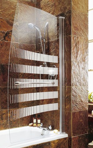 Larger image of Coram Screens Frameless sail bath screen with chrome stripes SSL2105CUC.