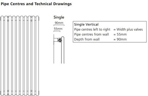 Technical image of Colour Chaucer Single Vertical Radiator 1820x300mm (Jet Black).