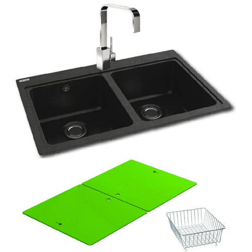 Larger image of Carron Phoenix Double Bowl Granite Sink & Green Glass 802x520mm (Black).