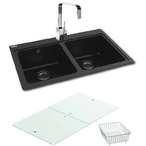 Larger image of Carron Phoenix Double Bowl Granite Sink & White Glass 802x520mm (Black).