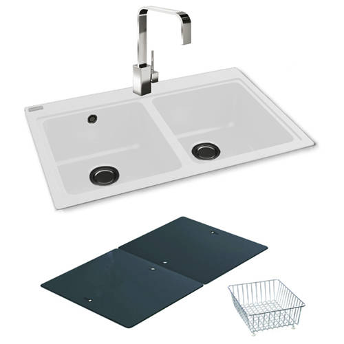 Larger image of Carron Phoenix Double Bowl Granite Sink & Black Glass 802x520mm (White).