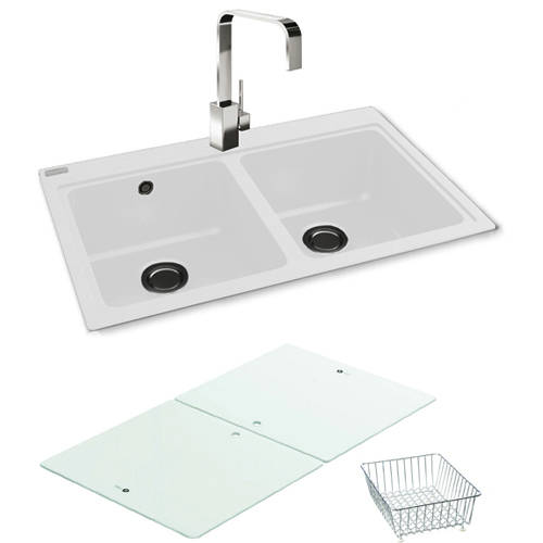 Larger image of Carron Phoenix Double Bowl Granite Sink & White Glass 802x520mm (White).