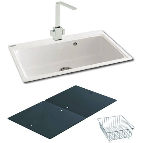 Larger image of Carron Phoenix Single Bowl Granite Sink & Black Glass 802x520mm (White).