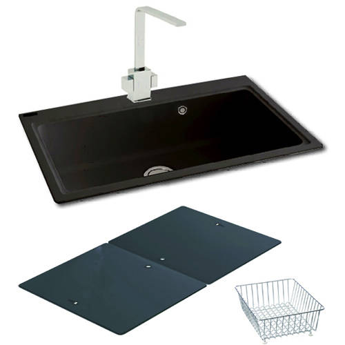 Larger image of Carron Phoenix Single Bowl Granite Sink & Black Glass 802x520mm (Black).