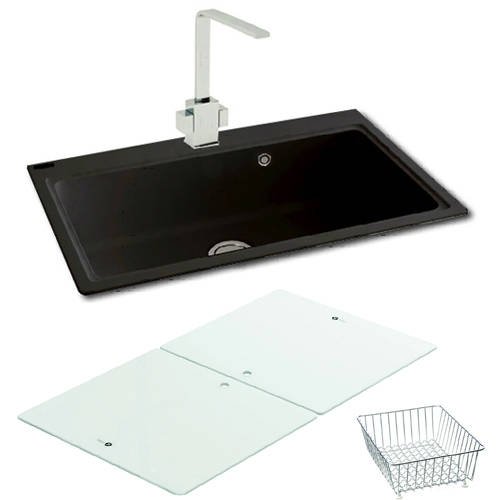 Larger image of Carron Phoenix Single Bowl Granite Sink & White Glass 802x520mm (Black).