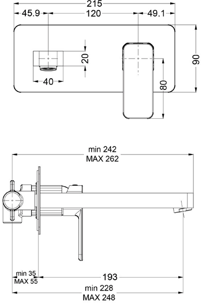 Technical image of Crosswater Atoll Wall Mounted Basin Mixer Tap With Lever Handle.