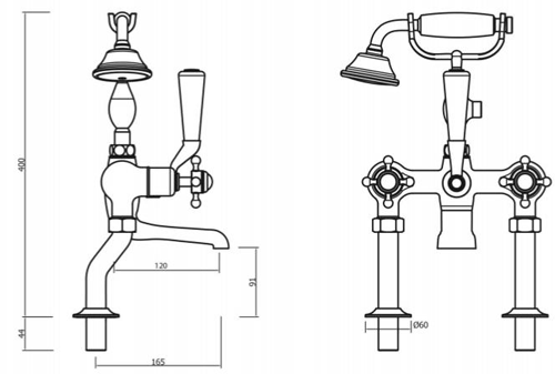 Technical image of Crosswater Belgravia Bath Shower Mixer Tap With Legs (C Head, Unlac Brass).