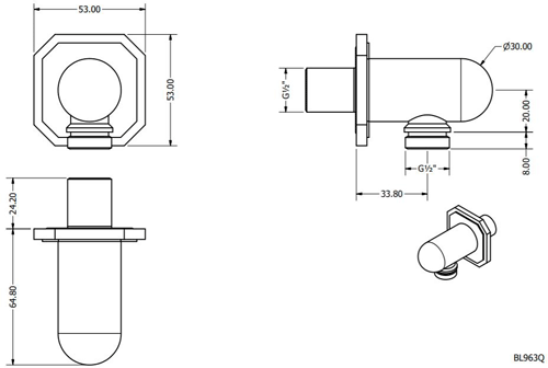 Technical image of Crosswater Belgravia Shower Wall Outlet (Unlacquered Brushed Brass).