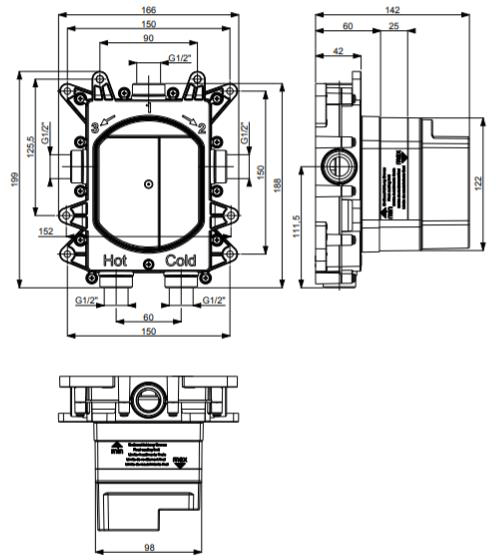Technical image of Crosswater MPRO Crossbox Push 3 Outlet Shower Valve (Br Bronze).