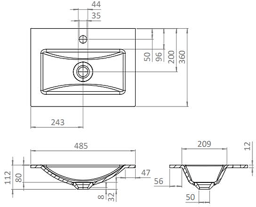 Technical image of Crosswater Flute Wall Unit With White Glass Basin (475mm, Windsor Oak, 0TH)