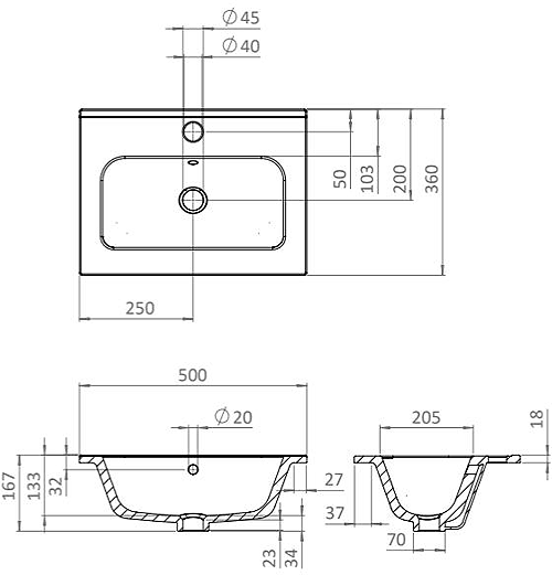 Technical image of Crosswater Flute Wall Unit With Ceramic Basin (475mm, Windsor Oak, 1TH).