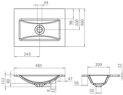 Technical image of Crosswater Flute Vanity Unit With White Glass Basin (475mm, Windsor Oak, 0TH)