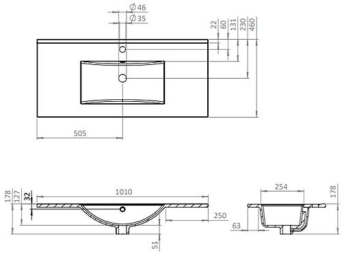 Technical image of Crosswater Glide II Vanity Unit With Ceramic Basin (1000mm, Nordic Oak, 1TH).