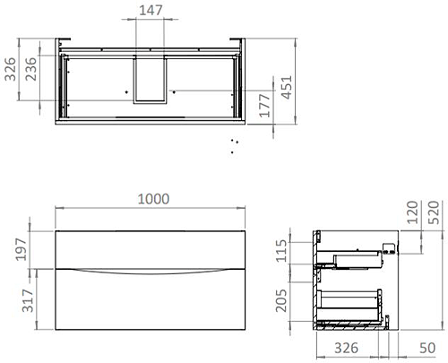 Technical image of Crosswater Glide II Vanity Unit With White Cast Basin (1000mm, Nordic Oak, 1TH).