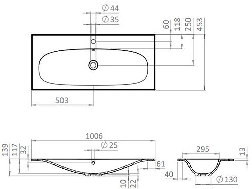 Technical image of Crosswater Glide II Vanity Unit With White Cast Basin (1000mm, Nordic Oak, 1TH).