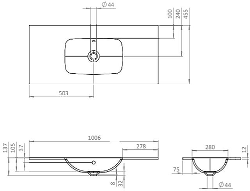 Technical image of Crosswater Glide II Vanity Unit With White Glass Basin (1000mm, Nordic Oak, 1TH).