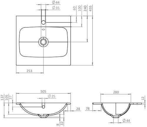 Technical image of Crosswater Glide II Vanity Unit With Black Glass Basin (500mm, Matt Black, 1TH).