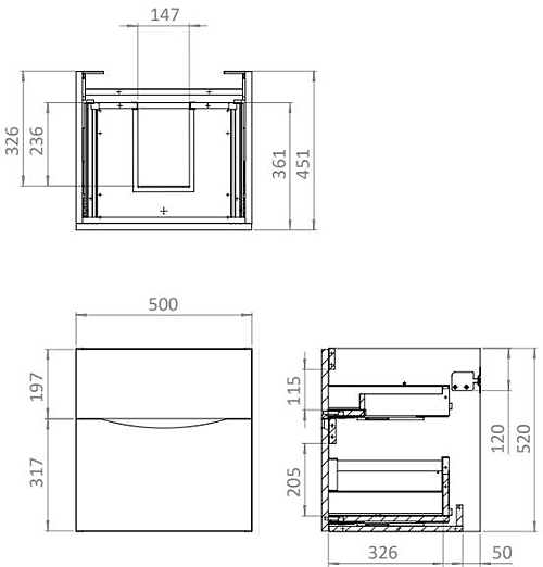 Technical image of Crosswater Glide II Vanity Unit With Black Glass Basin (500mm, Steelwood, 1TH).