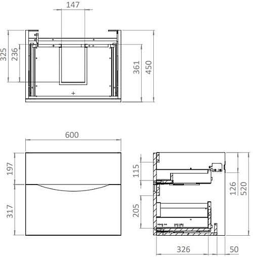Technical image of Crosswater Glide II Vanity Unit With Black Glass Basin (600mm, Matt Black, 1TH).