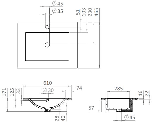 Technical image of Crosswater Glide II Vanity Unit With Ceramic Basin (600mm, Nordic Oak, 1TH).