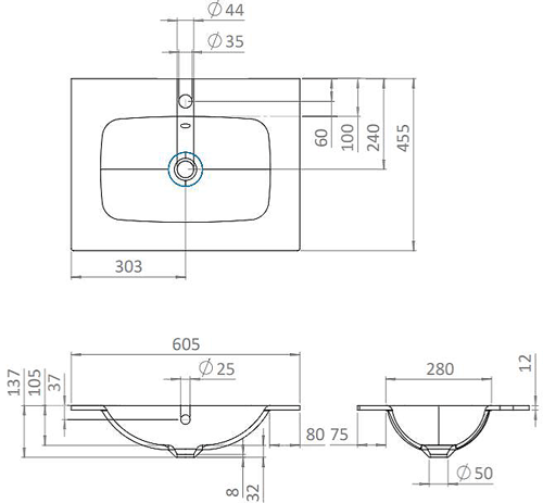 Technical image of Crosswater Glide II Vanity Unit With Black Glass Basin (600mm, Nordic Oak, 1TH).