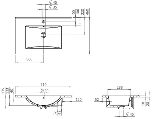 Technical image of Crosswater Glide II Vanity Unit With Ceramic Basin (700mm, Nordic Oak, 1TH).