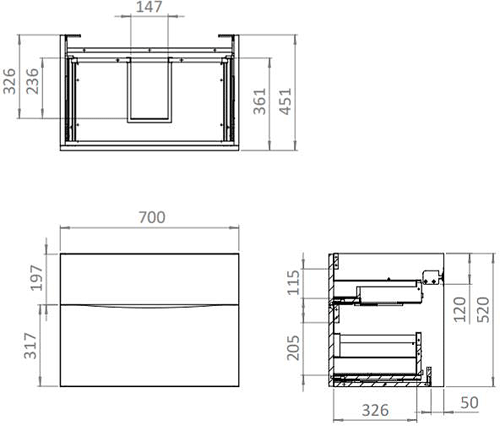 Technical image of Crosswater Glide II Vanity Unit With White Cast Basin (700mm, Nordic Oak, 1TH).