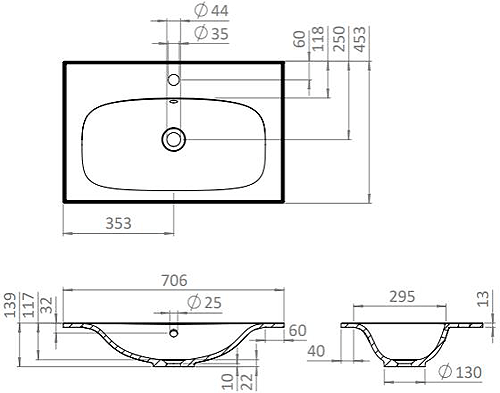 Technical image of Crosswater Glide II Vanity Unit With White Cast Basin (700mm, Nordic Oak, 1TH).