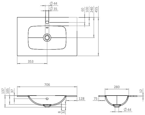 Technical image of Crosswater Glide II Vanity Unit With Black Glass Basin (700mm, Steelwood, 1TH).