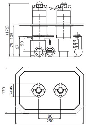Technical image of Crosswater Belgravia Crosshead 2 Outlet Shower Valve (Horizontal, Nickel).