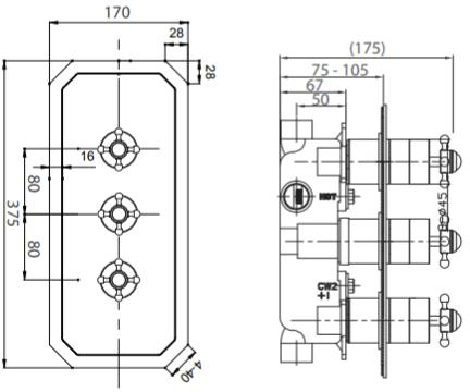 Technical image of Crosswater Belgravia Crosshead 2 Outlet Shower Valve (Vertical, Nickel).