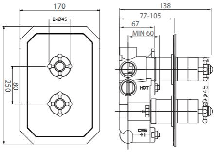 Technical image of Crosswater Belgravia Crosshead 3 Outlet Shower Valve (Nickel).