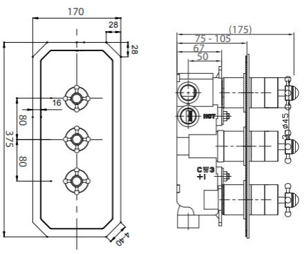 Technical image of Crosswater Belgravia Crosshead 3 Outlet Shower Valve (Vertical, Nickel).
