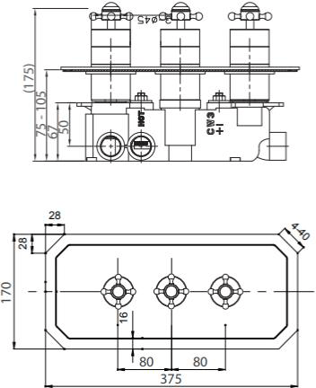 Technical image of Crosswater Belgravia Crosshead 3 Outlet Shower Valve (Horizontal, Nickel).