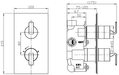 Technical image of Crosswater KH Zero 1 Thermostatic Shower Valve With 2 Handles (1 Outlet).