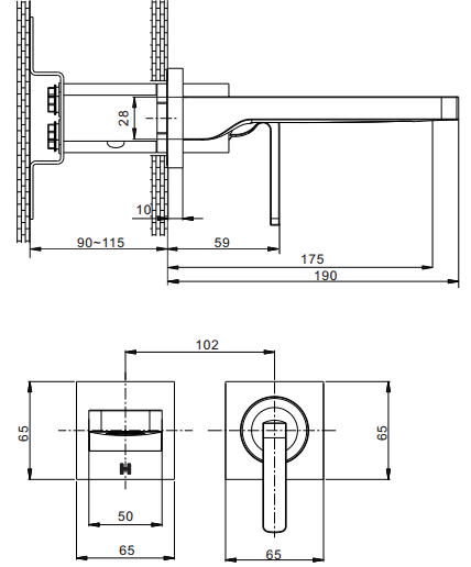 Technical image of Crosswater KH Zero 1 Wall Mounted Basin Mixer Tap With Lever Handle.