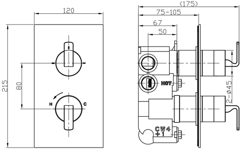 Technical image of Crosswater KH Zero 1 Thermostatic Shower Valve With Diverter (2 Outlets).