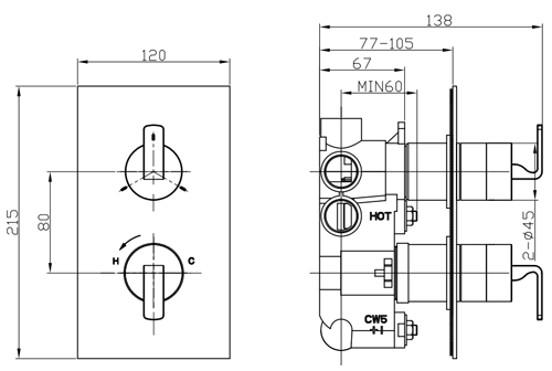 Technical image of Crosswater KH Zero 1 Thermostatic Shower Valve With Diverter (3 Outlets).