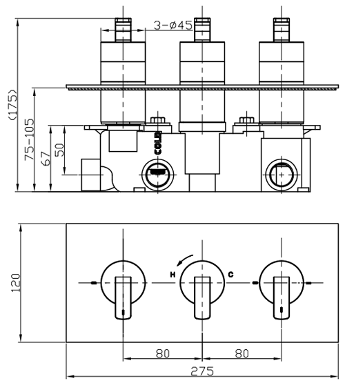 Technical image of Crosswater KH Zero 1 Thermostatic Shower Valve With Diverter (3 Outlets).