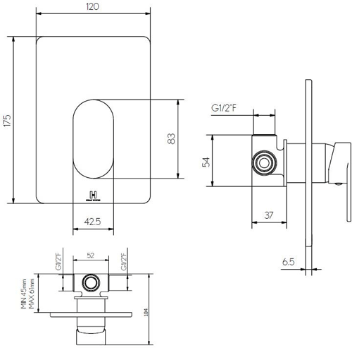 Technical image of Crosswater KH Zero 2 Manual Shower Valve (1 Outlet).