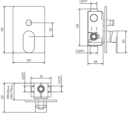 Technical image of Crosswater KH Zero 2 Manual Shower Valve With Diverter (2 Outlets).