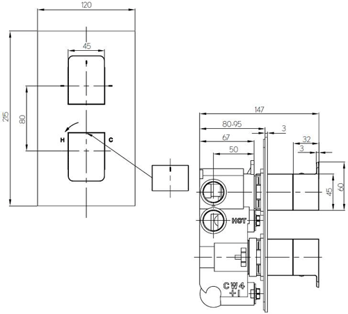 Technical image of Crosswater KH Zero 3 Thermostatic Shower Valve With Diverter (2 Outlets).