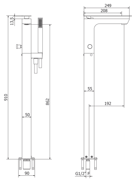 Technical image of Crosswater KH Zero 3 Floorstanding Bath Shower Mixer Tap With Shower Kit.