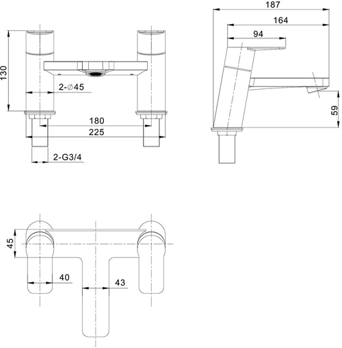 Technical image of Crosswater KH Zero 6 Bath Filler Tap With Lever Handles (Chrome).