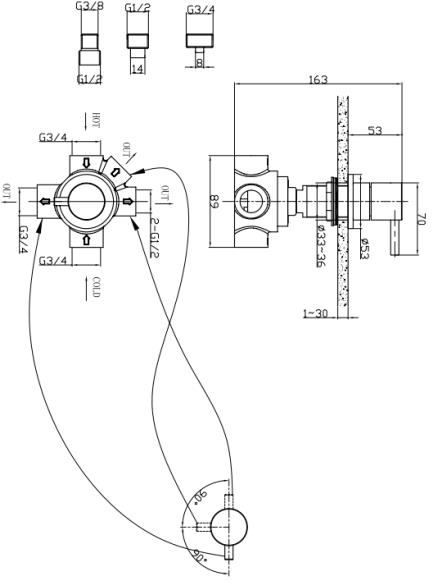 Technical image of Crosswater Kai Lever Showers 3 Way Diverter Valve (2 Inlets / 3 Outlets, Chrome).